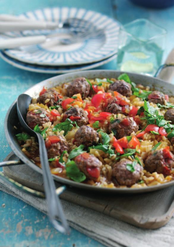 Welsh Beef meatball paella with tomato and basil 30 mins 4-6 : 450g (1lb) lean Welsh Beef mince 2 tomatoes, chopped 2 handfuls of fresh basil, roughly torn 15ml (1tbsp) olive oil 1 onion, peeled and