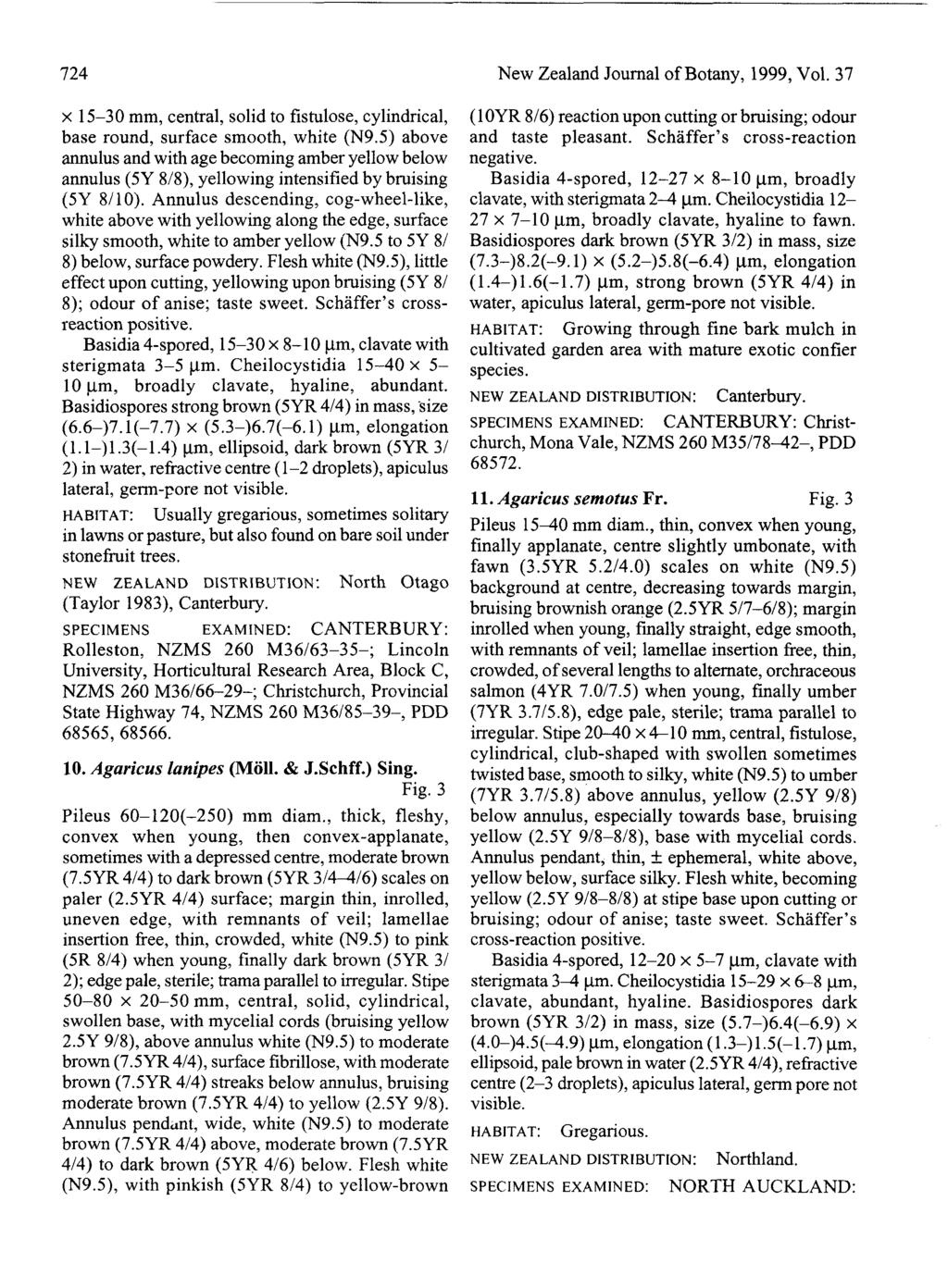 724 New Zealand Journal of Botany, 1999, Vol. 37 X 15-30 mm, central, solid to fistulose, cylindrical, base round, surface smooth, white (N9.