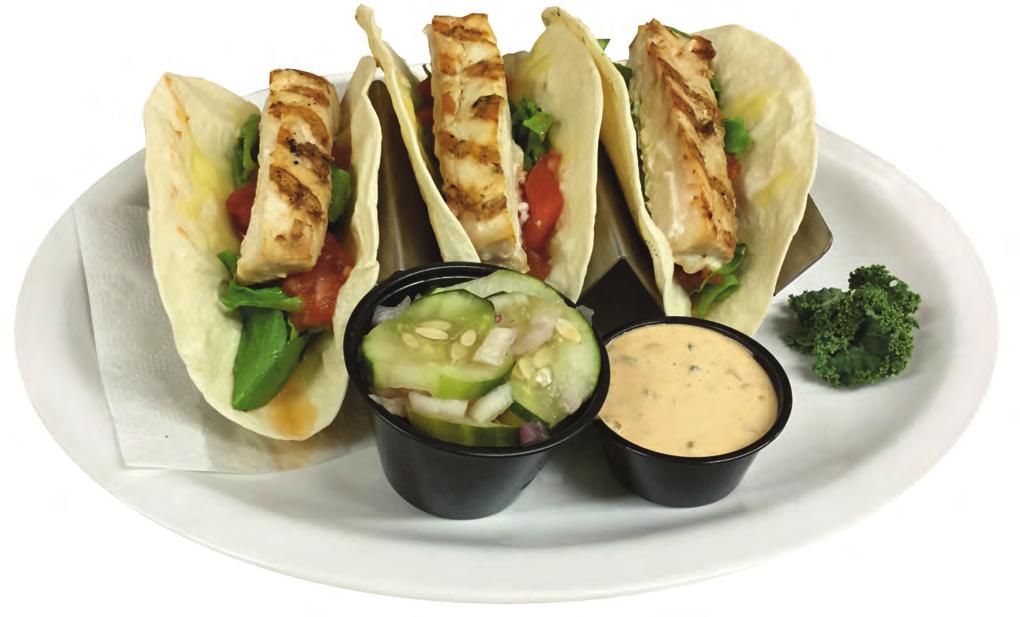 Burgers & Sandwiches Shown with cucumber salad Fish Tacos - Grilled tortillas with