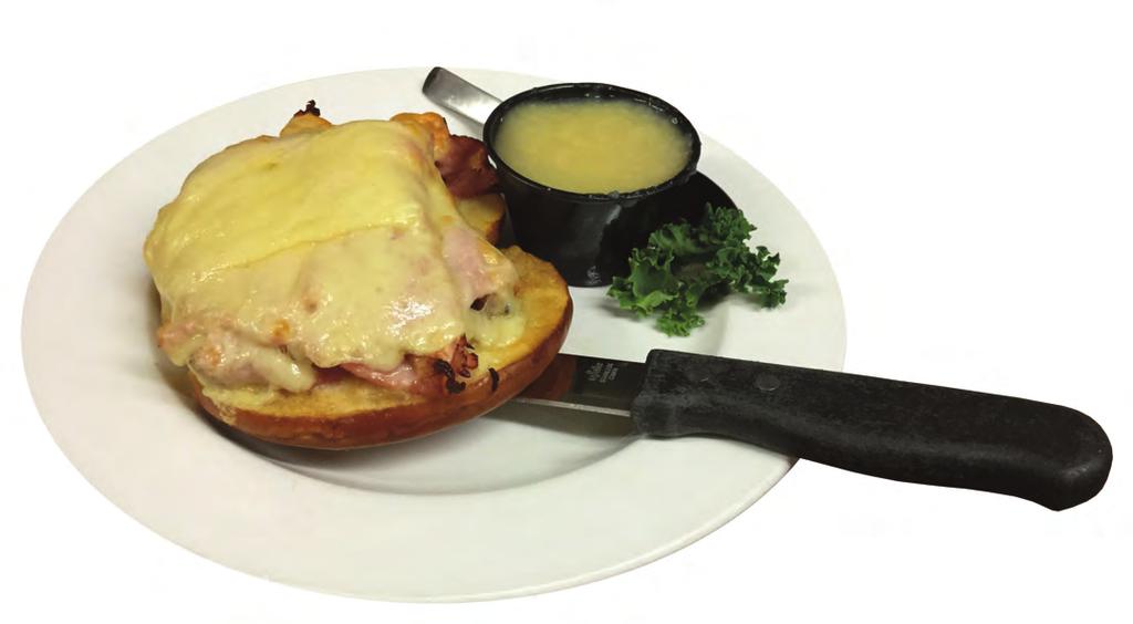 cheddar cheese Shown with applesauce Turkey Avocado Melt - Served open faced on a pretzel roll