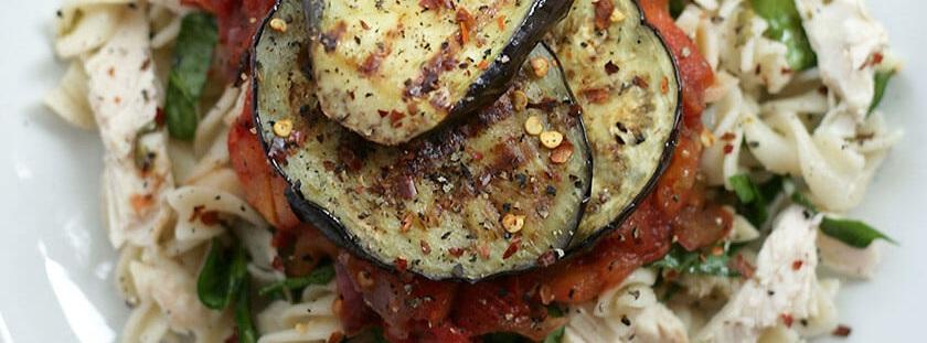 Fusilli with Grilled Eggplant 10 ingredients 40 minutes 4 servings 1. Preheat the grill to medium-high heat. If you do not have a grill, preheat oven to 425. 2.