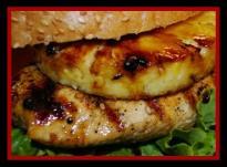 7/13/13 HawaiianChickenPineappleBurger Double Duty/Plan Ahead: Marinate 5 extra breasts in barbeque sauce and grill (Use 4 for BBQ Chicken Tacos and 1 for Rice Cake Pizza) Hawaiian Chicken Sandwich