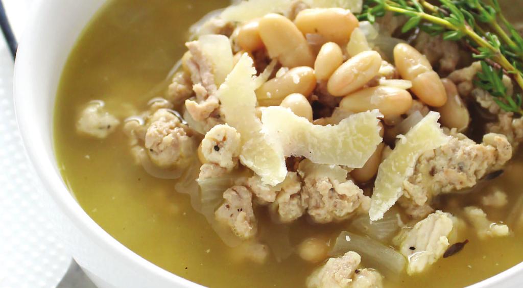 D I N N E R S TUSCAN WHITE BEAN SOUP WITH TURKEY YIELDS: 8-10 SERVINGS PREP TIME: 45 MINUTES 1 lb Ground Turkey 2 tablespoons Olive Oil 1 teaspoon Cumin 1 White Onion, peeled and diced 4 cloves