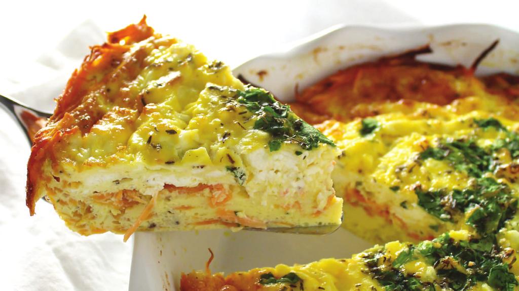B R E A K F A S T GOAT CHEESE & HERB QUICHE WITH SWEET POTATO CRUST YIELDS: 6-8 SERVINGS PREP TIME: 95 MINUTES Coconut Oil, for brushing dish 2 tablespoons Butter, softened 1 medium Sweet Potato,