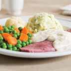 silverside, served with a creamy leek sauce and a selection of baked vegetables and mashed potato 8 9