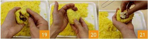 approximately 120 g rice, put it in the centre of the hand to form a basin (16).