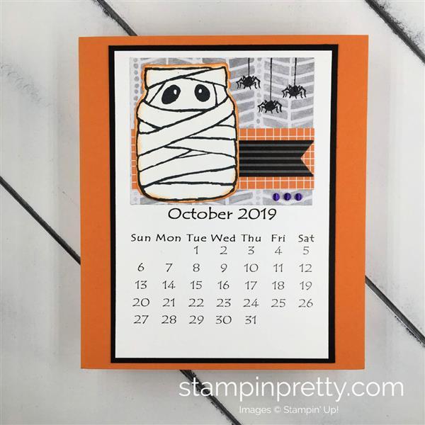 October -Base is Pumpkin Pie -Stamp Set: Jar of Haunts -Ink: Tuxedo Black Memento and Pumpkin Pie -Cardstock: Whisper White, Halloween Night Specialty DSP 2 3/8 x 3 and 1 x 3, DSP Neutrals for banner
