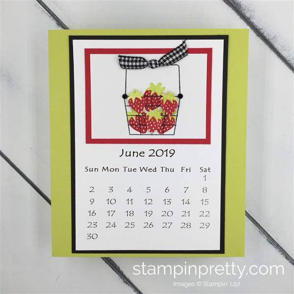June -Base is Lemon Lime Twist -Stamp Set: Fruit Basket -Ink: Memento Tuxedo Black, Real Red, and Lemon Lime Twist -Cardstock: Real Red 2 ¼ x 3