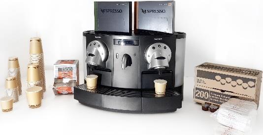 00 1 x 1 pc Rental of a Nespresso coffee machine with 100 coffee capsules, 50 coffee Bio cups 1dl, 50 coffee Bio cups 2dl, stirrers, 200 cream pots and 100 sugar