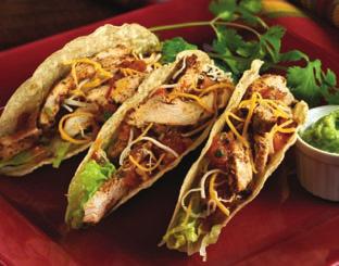 Divide chicken, bell peppers and onion among tortillas. Add toppings and enjoy!