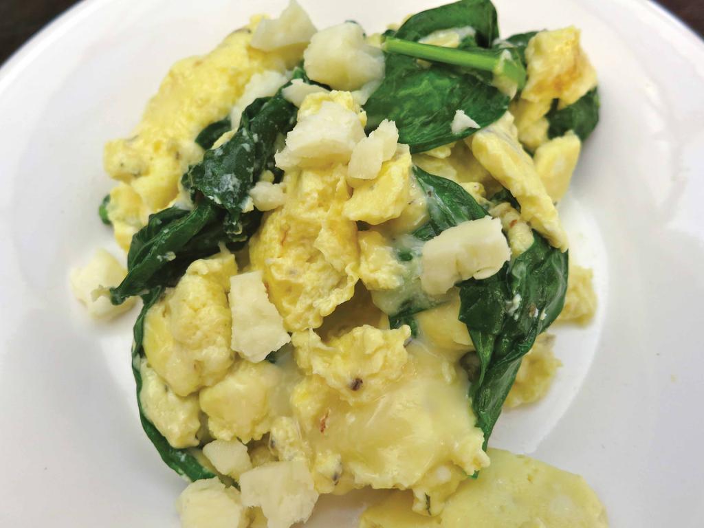 Scrambled Eggs with Spinach and Feta 2-4 Whole eggs Feta cheese Baby spinach Garlic powder Celtic