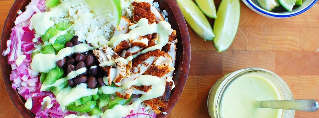 Blackened Fish Taco Bowls 16 ingredients 30 minutes 4 servings 1. To create cauliflower rice, chop cauliflower into florets and add to a food processor.