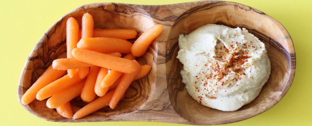 Baby Carrots & Hummus 2 ingredients 5 minutes 8 servings Divide carrots between bowls. Serve with hummus on the side for dipping. Enjoy!