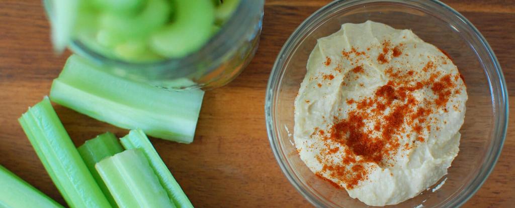 Celery & Hummus 3 ingredients 5 minutes 8 servings Sprinkle hummus with paprika for some added flavour (optional). Dip, dunk and enjoy!