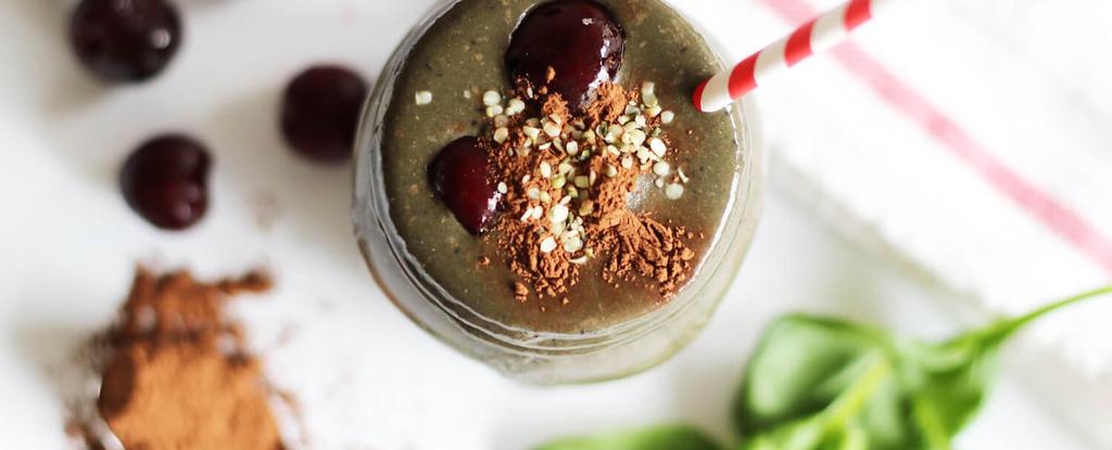 Chocolate Cherry Green Smoothie 4 ingredients 5 minutes 2 servings Add all ingredients in a blender and blend very well until smooth. Divide into glasses and enjoy!