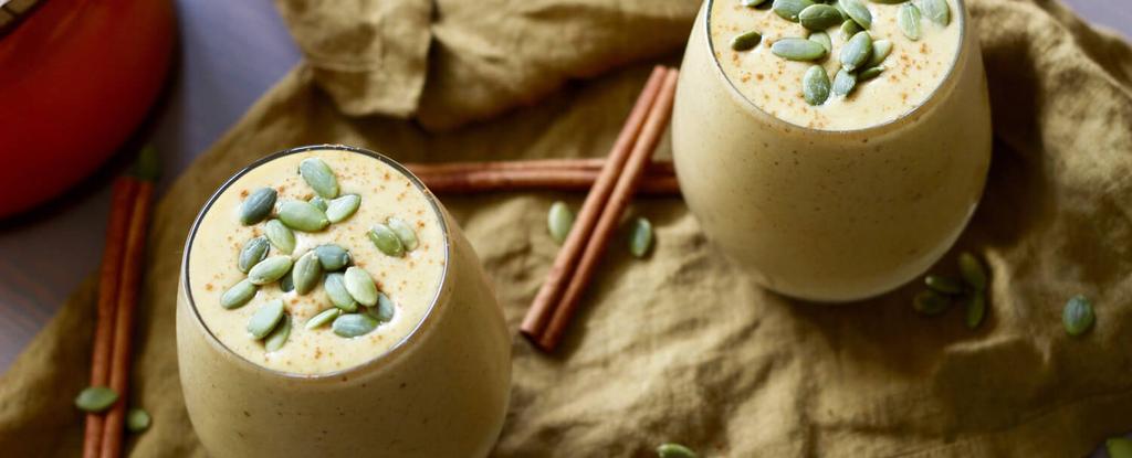 Pumpkin Pie Protein Smoothie 6 ingredients 10 minutes 2 servings Combine all ingredients together in a blender and blend very well until smooth. Pour into glasses and enjoy!