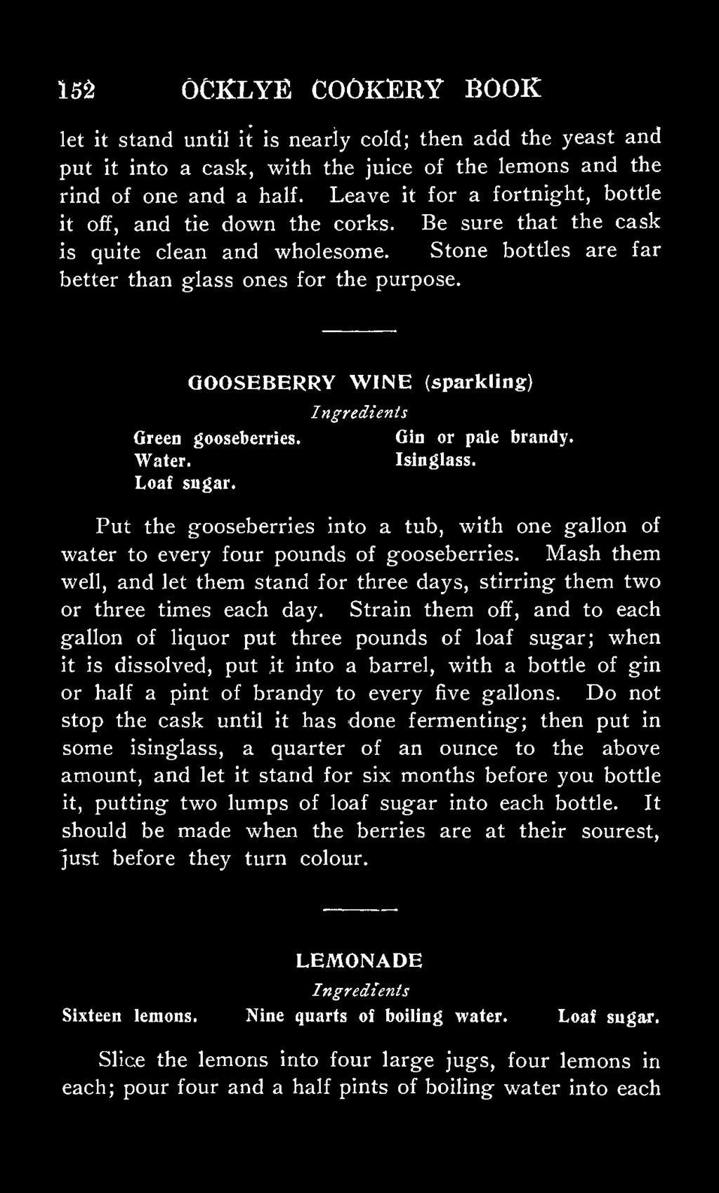 GOOSEBERRY WINE (sparkling) Green gooseberries. Gin or pale brandy. Water. Isinglass. Loaf sugar.