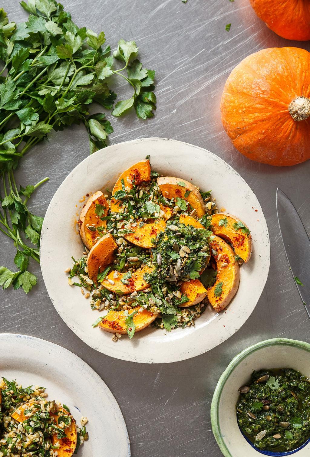 Roasted squash with herby seedy freekeh and zhoug Hot spicy Yemeni zhoug is a lovely addition to one of my favourite salads of roasted squash and very herby seedy freekeh.
