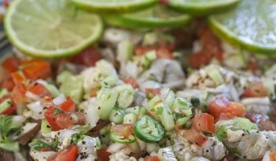 Latin American Ceviche Lunch Serves: 6 500g Haddock, skinned & sliced 8 Limes, juice only 1 Red Onion, diced 2-3 Tomatoes, chopped 2-3 Green Chillies, finely chopped bunch Coriander, roughly chopped