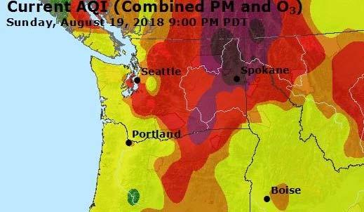 Smoke from fires in Siberia & British Columbia drifted down into eastern Washington, Oregon and Idaho. PM 2.5 levels in excess of 2.
