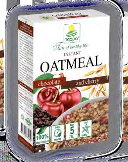FRUIT PORRIDGES, PORRIDGES WITH MEAT, MUSHROOMS BOXES -190 g, 5 sachets of 38 g WITH CHOCOLATE AND CHERRY Ingredients: oat flakes, chocolate drops (consisting of sugar, grated cocoa, cocoa butter,
