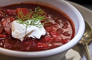 Borscht Borscht is a simple beet soup typically made with beef broth and garnished with sour cream. This vegetarian version uses cabbage, beets, onion and carrot.
