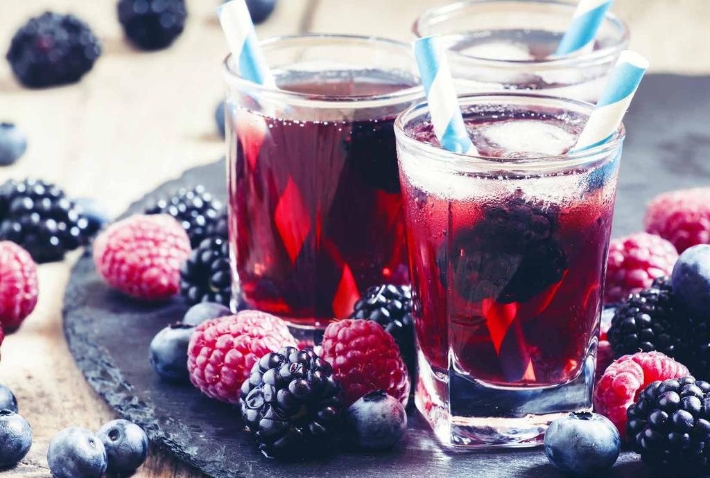 This smooth iced tea is mixed with pomegranate syrup and finished with fresh wild berries.