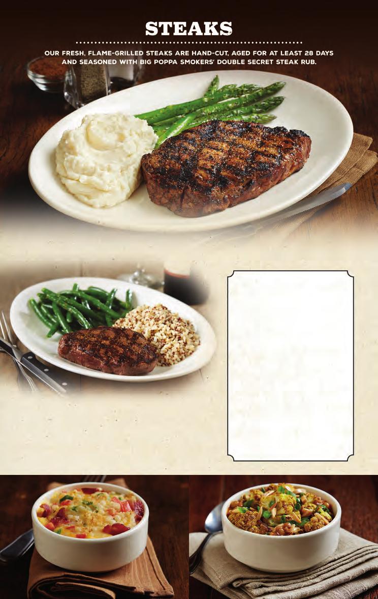 BJ s CLASSIC RIB-EYE HOUSE TOP SIRLOIN* Thick, fresh, tender house special sirloin choice of two signature sides (cal. 500) 18.50 BJ s CLASSIC RIB EYE* Juicy, well-marbled, fresh 14 oz.