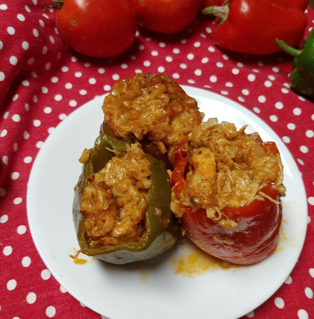 2. Chicken Stuffed Peppers Serving: 6 2 cups shredded cooked chicken 2 cups of cooked brown grain rice 1 cup