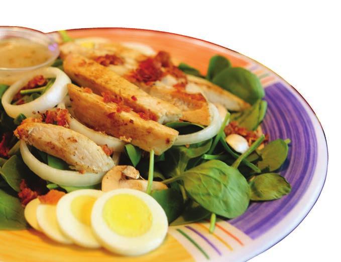 Spinach Salad with Chicken Breast Chef, steak, chicken breast or BBQ chicken salads are each served with choice of garlic bread or a dinner roll & available in a smaller size for $1.00 less. New!