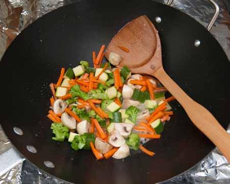 5 4 Add the denser vegetables first (carrot and broccoli), giving them longer to cook, and then add