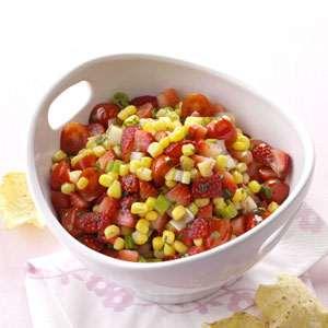 Strawberry-Corn Salsa 2 cups fresh strawberries, chopped 2 cups grape tomatoes, chopped 4 ears of shucked corn, cooked in boiling water for 7 minutes, chilled in ice water (10 oz frozen corn, thawed,