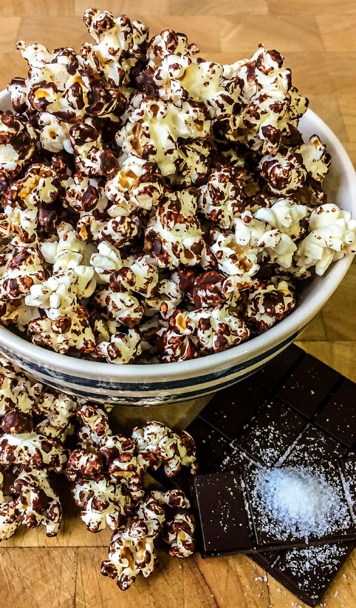 Dark Chocolate Sea Salt Popcorn Light, crunchy, salty, and sweet, this popcorn has it all. Popcorn is a great source of fiber, and dark chocolate delivers a good dosage of antioxidants.