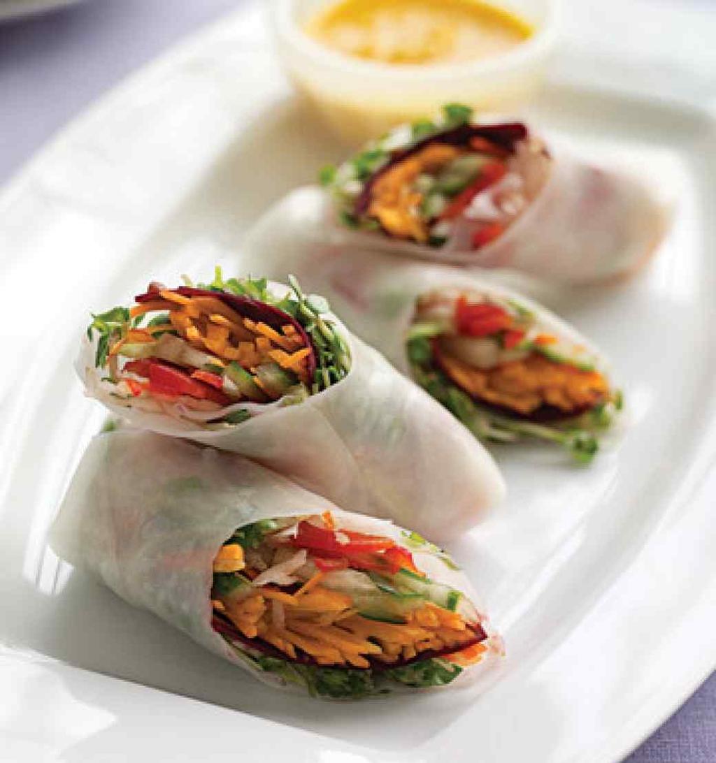 Spring Rolls with Carrot-Ginger Dipping Sauce Dipping Sauce Puree carrots, shallot, ginger, vinegar, soy sauce, sesame oil, salt, and pepper in a food