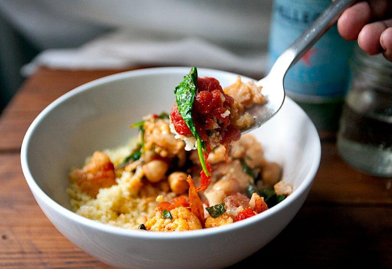 Cauliflower and Chickpea Stew With Couscous Ingredients 2 Tbsp olive oil 1 medium onion, chopped 1 1/2 tsp ground cumin 1/2 tsp ground ginger Kosher salt and black pepper