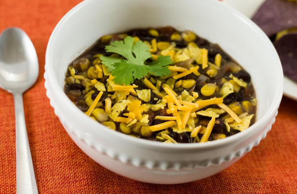 Black Bean Soup 1 tsp. Olive oil 3 ¾ c. onions 2 cans black beans 1 ( 14 ½ Oz) Chicken Stock 1 (16 oz) bag of frozen corn 1 (14 ½ oz) can of tomatoes 3 bay leaves 1 tsp minced fresh garlic 1 tsp.