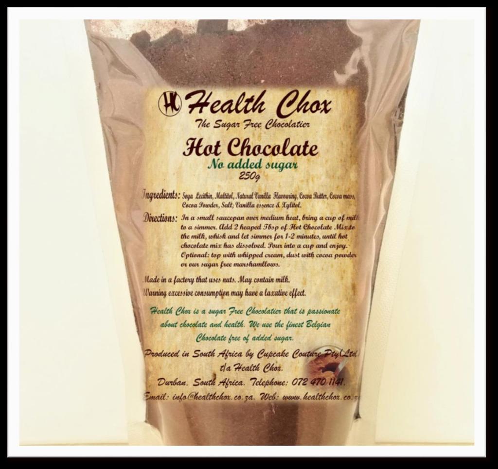 Hot Chocolate Powder A decadent and rich blend of Cocoa powder, no added sugar Dark Belgian chocolate and Xylitol, topped with mini chocolate chunks.