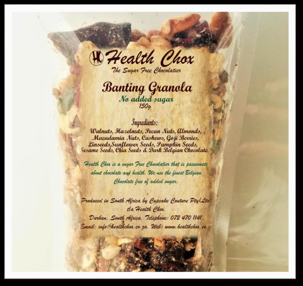 Banting Granola Jar 200g Wholesale R65 Retail R80 Sold in 15 s A bag packed with roasted Macadamia nuts, Pecans, Walnuts, Almonds, Cashews, Hazelnuts, Omega 3 Seed mix and Goji