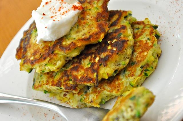 Real Healthy Zucchini Cakes This recipe is very light, with no potato or gluten weighing it down. Top it with a dollop of plain Greek yogurt and a sprinkle of sweet paprika.