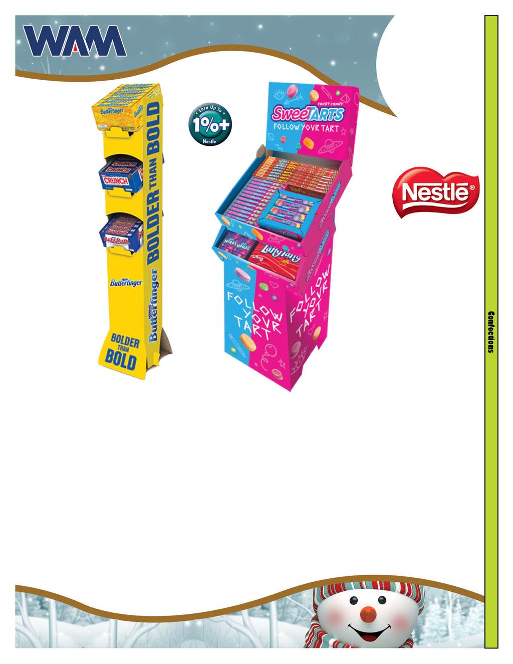 Up to 46.2% Delivery Date: 12/17/17 Nestle Assorted Chocolate Single Tower #77224 $62.22 $5.88 $56.34 $1.09 46.2% 300 998537 24 Baby Ruth 2.1oz 36 Butterfinger 1.9oz 36 Nestle Crunch 1.