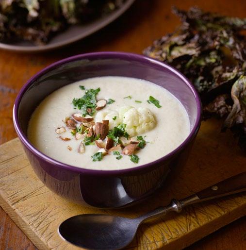 january 29 tuesday cauliflower almond soup You can buy almond-cashew cream at health food stores or specialty markets. If you can't find it, substitute the cream for 1/3 cup raw cashews.