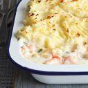 cornflour, blended with 2 tbsp cold water 650g skinless, boneless cod, cut into large chunks 100g cooked peeled prawns 1 tsp chopped fresh parsley 1 Cook the potatoes and swede in boiling water until
