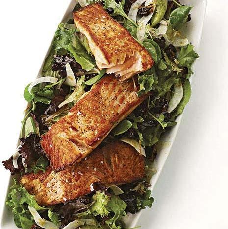 monday Pan-Seared Salmon with Baby Greens and Fennel Active total time: 20 minutes A slightly sweet, citrusy dressing contrasts with the rich salmon and tender greens in this main-dish salad. 2½ Tbs.
