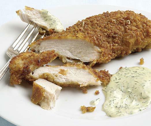thursday Pretzel-Crusted Chicken with Mustard-Dill Dipping Sauce Active total time: 30 minutes Ground pretzels not only make a great crunchysalty coating for chicken, they also make this dish a