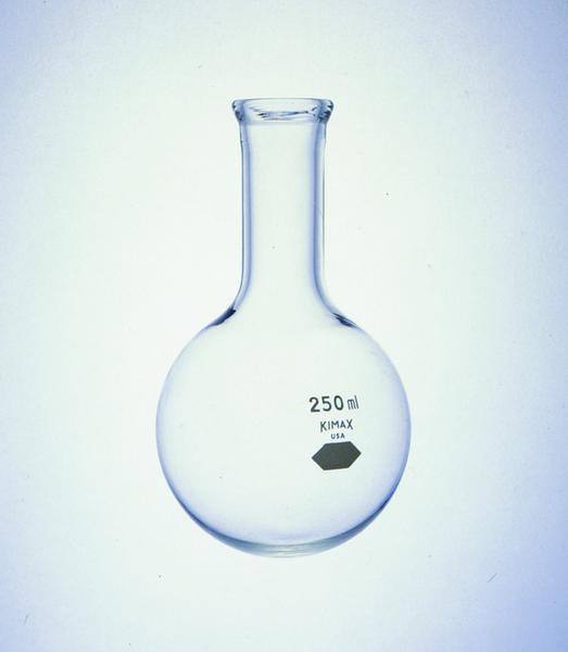 465 KIMAX Round Bottom Boiling Flasks with Reinforced Tooled Top KIMAX round bottomed boiling flask. Designed from ASTM Specification E1403, Type II, Class 1, requirements. Kimble Glass.