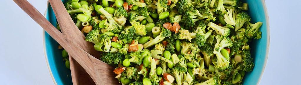 Broccoli Almond Protein Salad 11 ingredients 20 minutes 4 servings 2. 3. In a large mixing bowl, combine the broccoli florets, edamame beans, green onions, and chopped almonds.