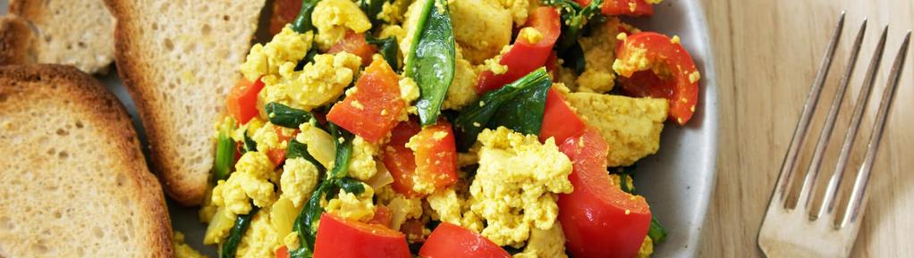 Tofu Veggie Scramble 9 ingredients 15 minutes 4 servings 2. 3. 4. Place the tofu in a small bowl and mash with a fork to the point where it is broken apart but chunks still remain.