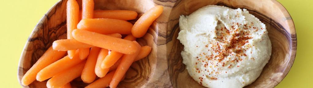 Baby Carrots & Hummus 2 ingredients 5 minutes 6 servings Divide carrots between bowls. Serve with hummus on the side for dipping. Enjoy!