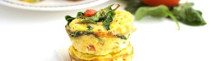 DAY 20: FOOD BREAKFAST Easy Egg Muffins Ingredients (serves 4) 1 dozen eggs 2 cups spinach 2 slices bacon ½ cup tomatoes, chopped 2 tbsp cilantro, chopped Pepper to taste 8 sweet potatoes Directions