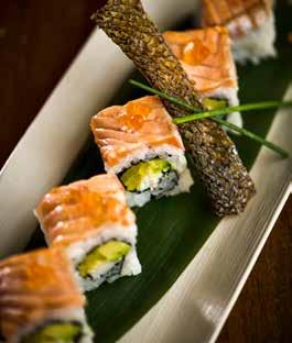 SUSHI 寿司 巻き寿司 SUSHI ROLLS 太巻 LARGE ROLLS Six pieces per serve SONO CALIFORNIA ROLL 16 Crab meat, prawn, egg omelette, cucumber, avocado, Japanese mayonnaise, flying fish roe and sesame seeds PRAWN